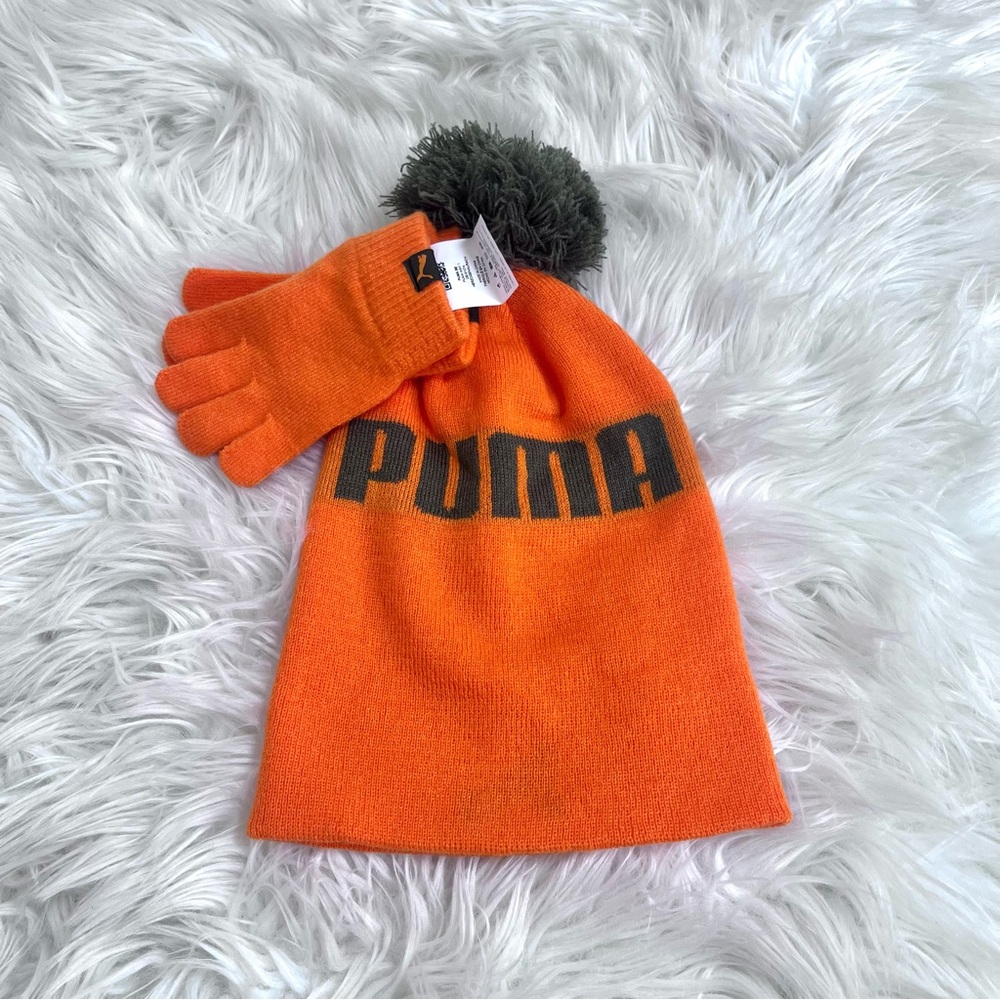 PUMA | Orange Pom Beanie & Gloves Set | Winter Knit Streetwear